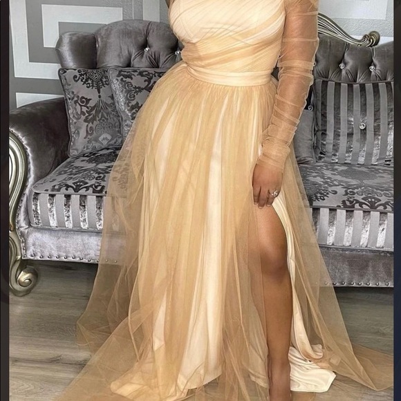 Single Sleeve Elegant Party Wedding Guests Bridesmaid Tulle Maxi Dress Gold - Picture 2 of 6